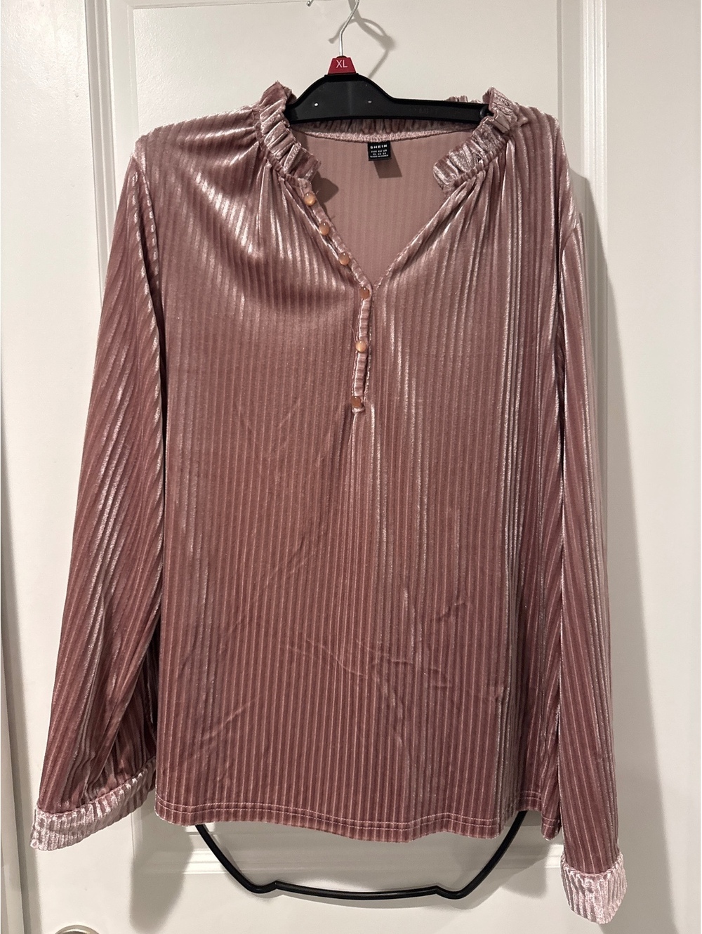 SHEIN Women's Velvet Ribbed Long Sleeve Blouse, XL, Rose Pink